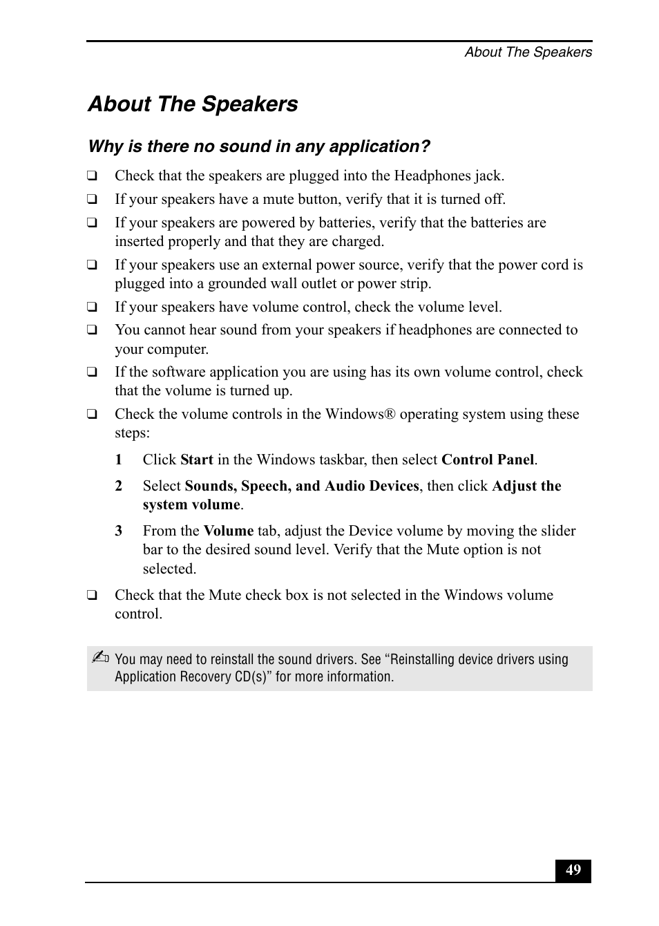 About the speakers | Sony PCV-RX860 User Manual | Page 49 / 80