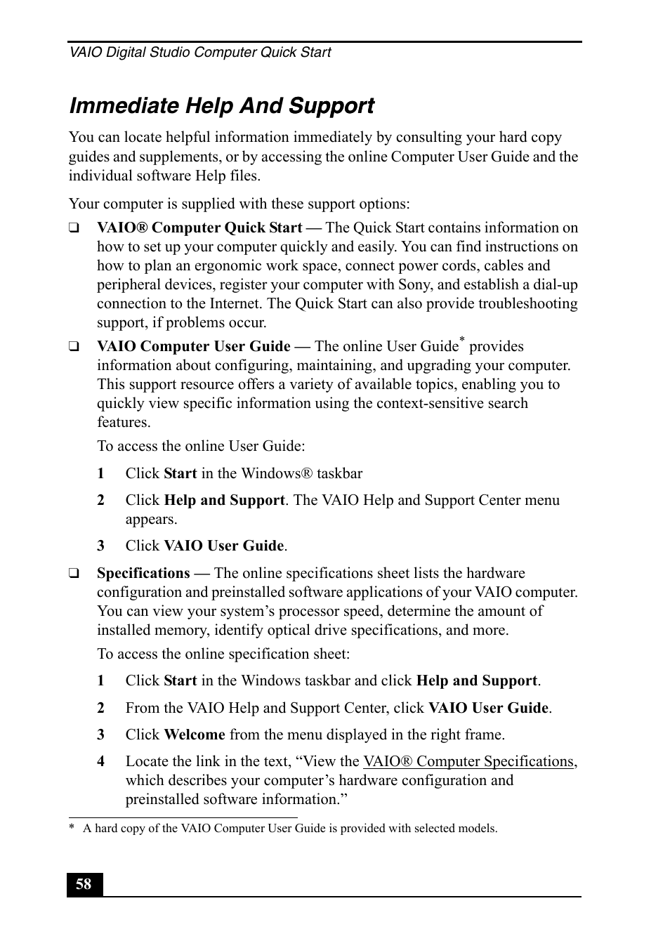 Immediate help and support support | Sony PCV-RX860 User Manual | Page 58 / 80