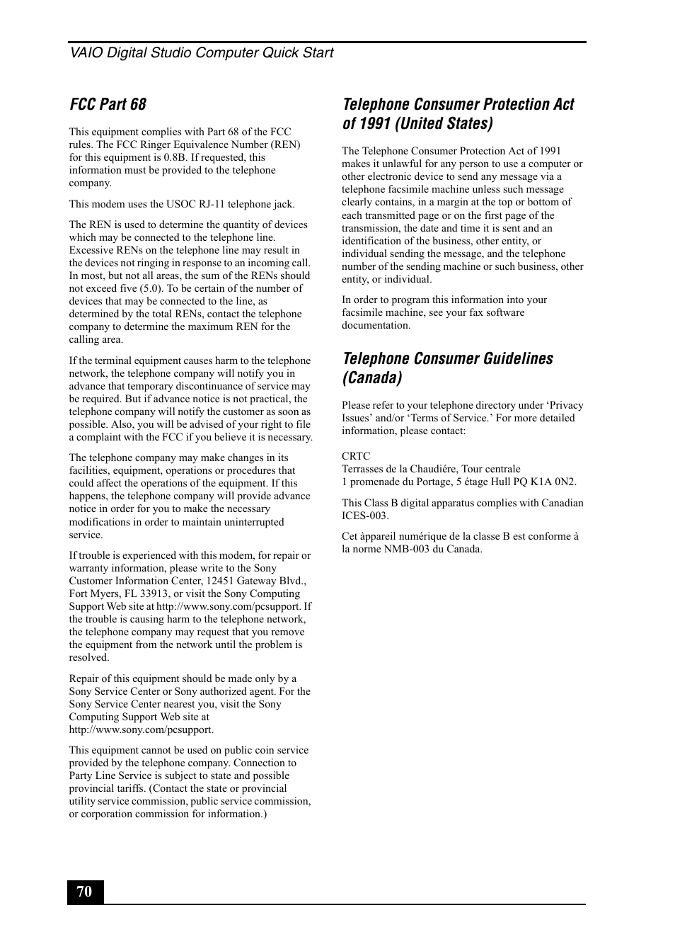 70 fcc part 68, Telephone consumer guidelines (canada) | Sony PCV-RX860 User Manual | Page 70 / 80