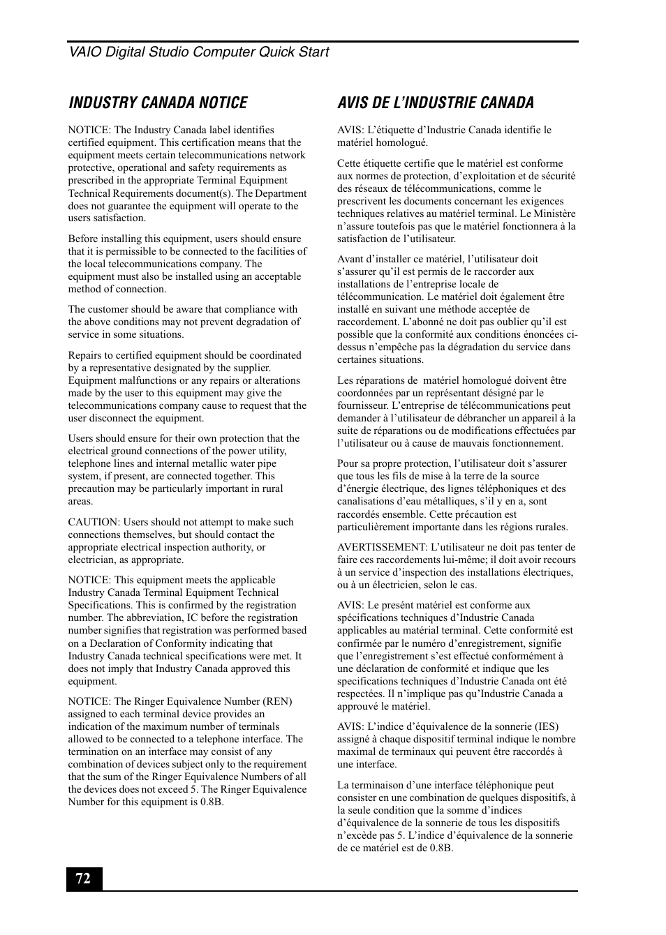 72 industry canada notice, Avis de l’industrie canada, Vaio digital studio computer quick start | Sony PCV-RX860 User Manual | Page 72 / 80