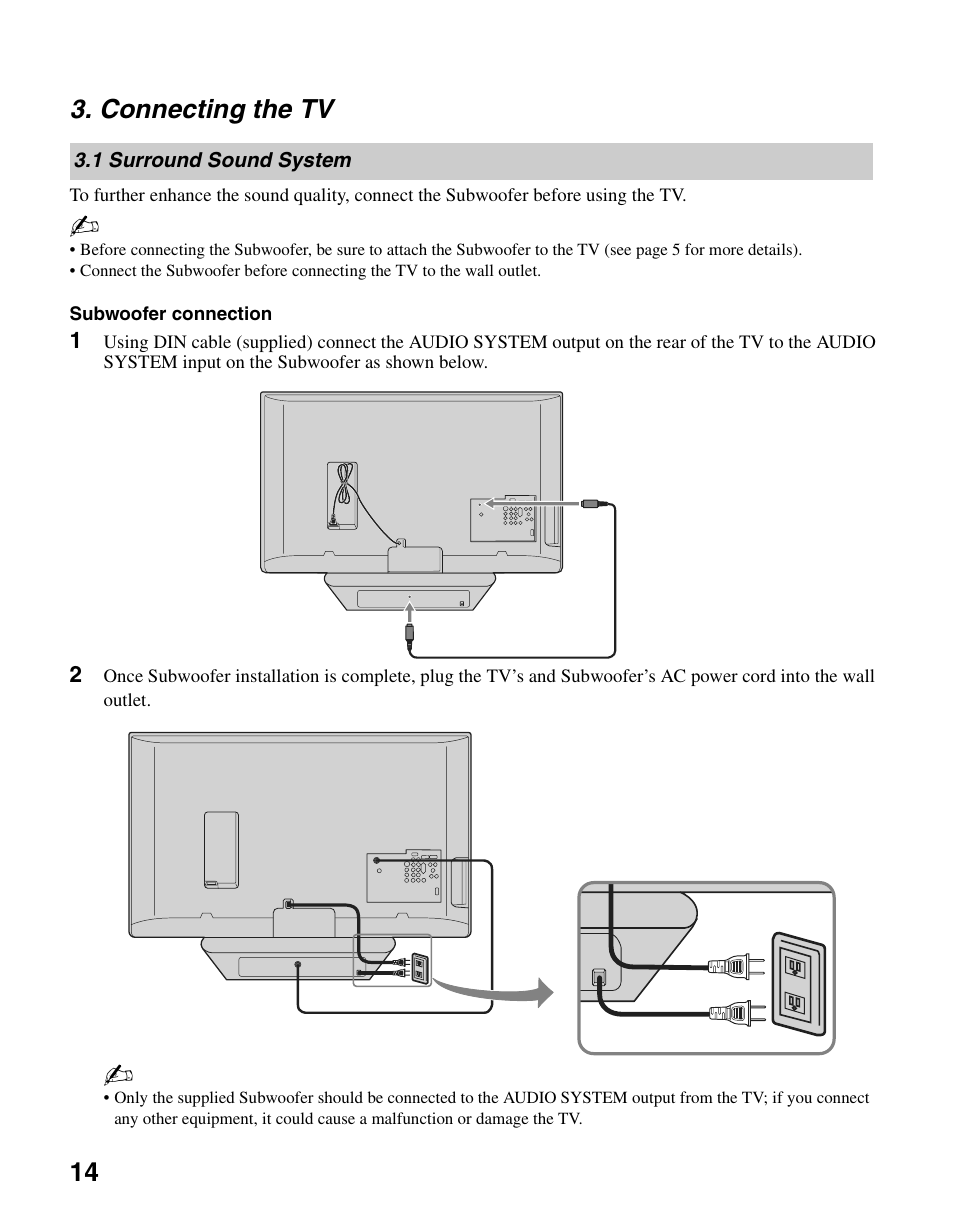 Connecting the tv, 1 surround sound system, 14 3. connecting the tv | Sony KDL-26N4000 User Manual | Page 14 / 48