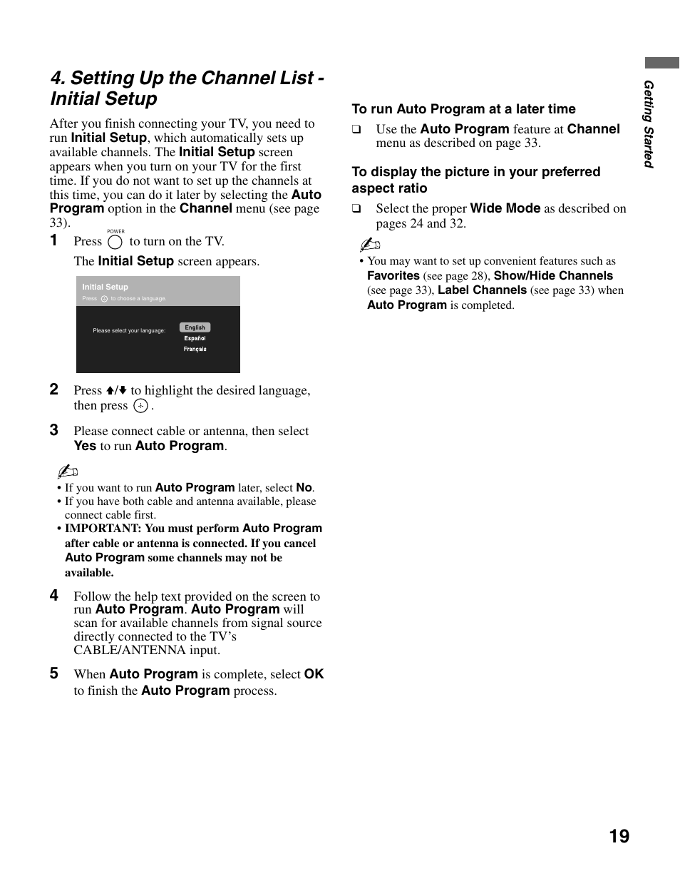 Setting up the channel list - initial setup, Setting up the channel list, Initial setup | Sony KDL-26N4000 User Manual | Page 19 / 48