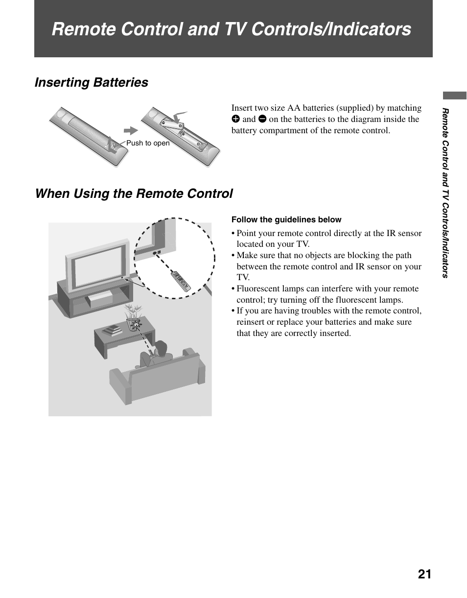 Remote control and tv controls/indicators, Inserting batteries, When using the remote control | Inserting batteries when using the remote control | Sony KDL-26N4000 User Manual | Page 21 / 48