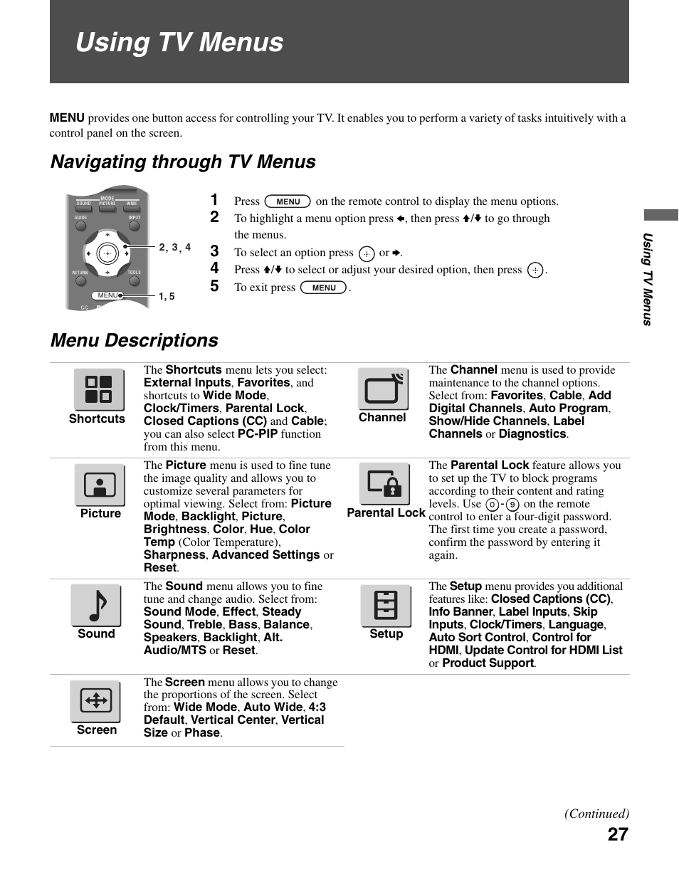 Using tv menus, Navigating through tv menus, Menu descriptions | Navigating through tv menus menu descriptions | Sony KDL-26N4000 User Manual | Page 27 / 48
