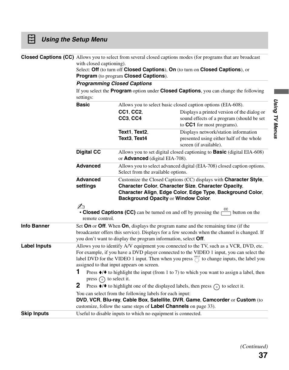 Using the setup menu | Sony KDL-26N4000 User Manual | Page 37 / 48
