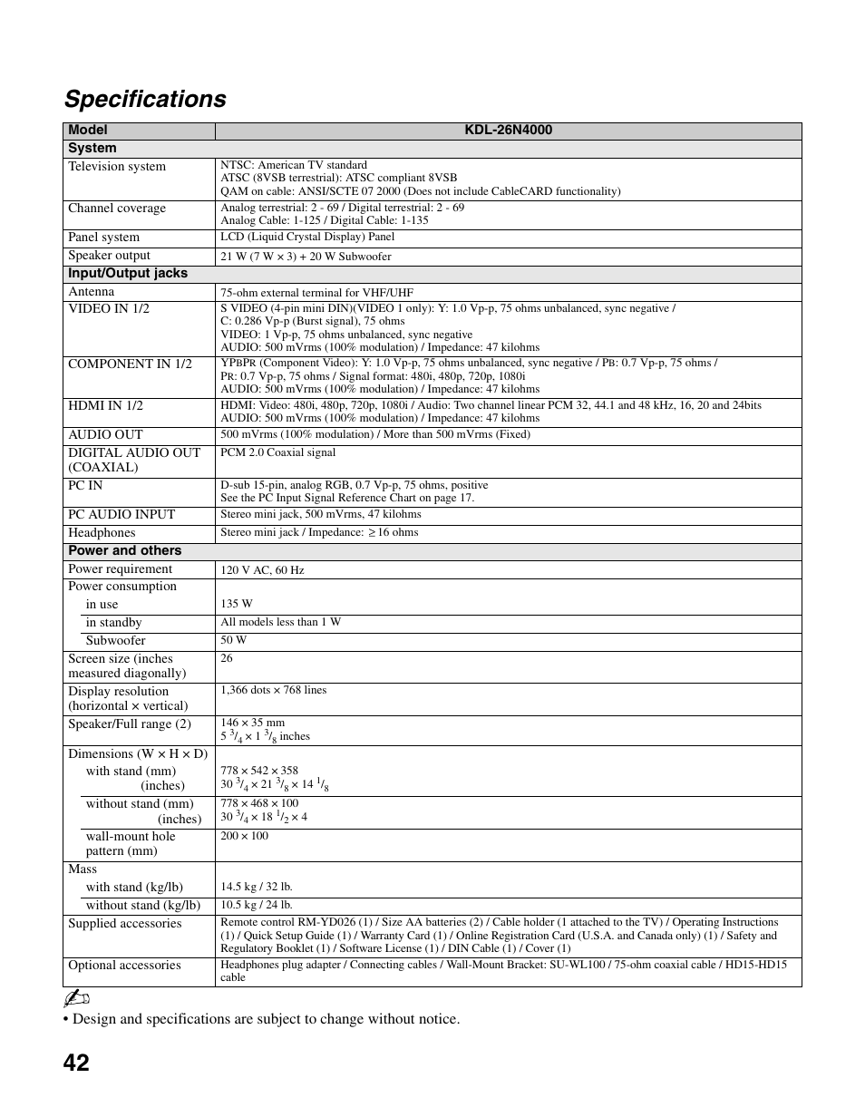 Specifications, 42 specifications | Sony KDL-26N4000 User Manual | Page 42 / 48