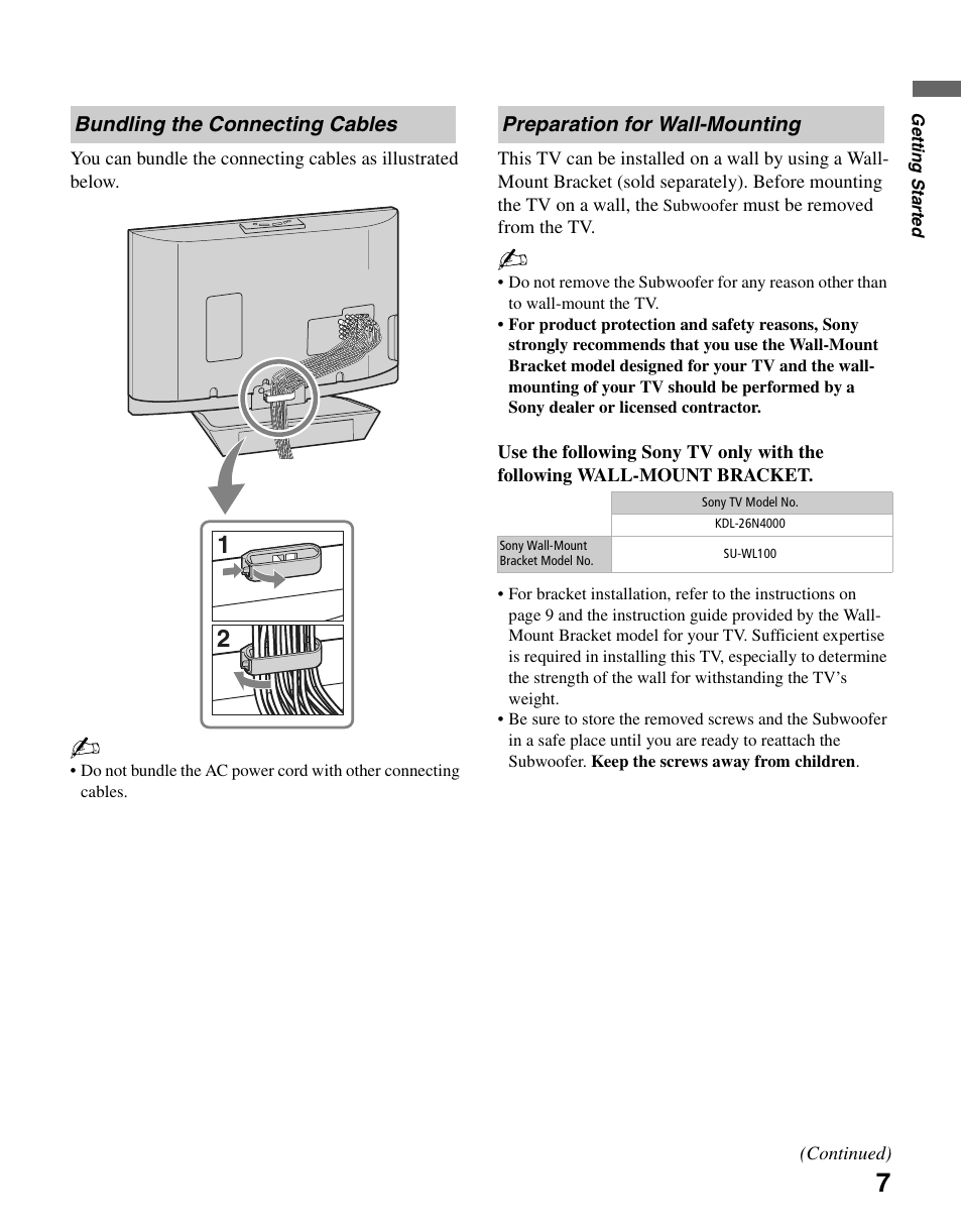 Bundling the connecting cables, Preparation for wall-mounting | Sony KDL-26N4000 User Manual | Page 7 / 48