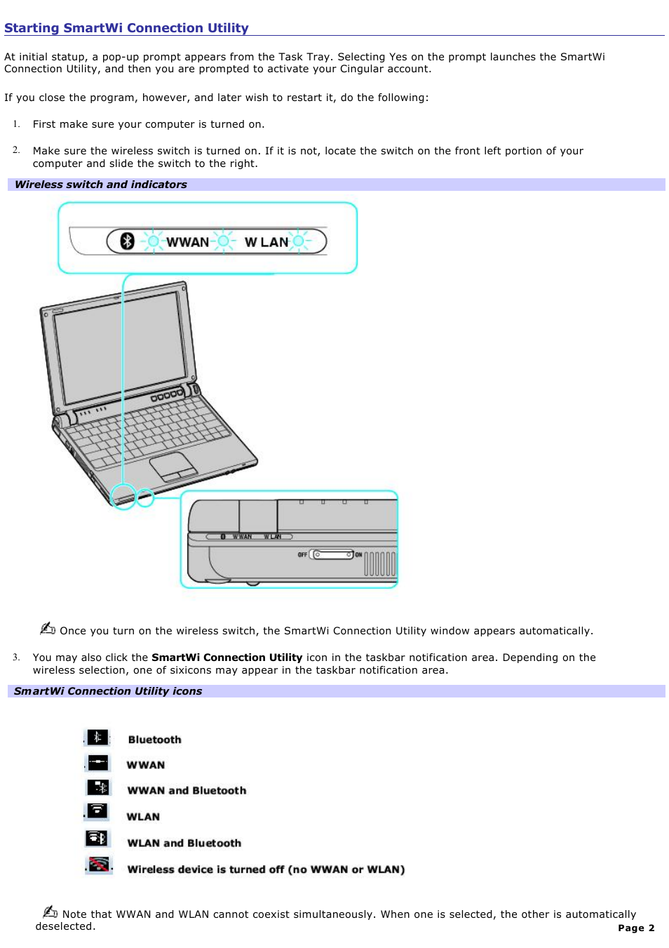 Starting smartwi connection utility | Sony VGN-T360P User Manual | Page 2 / 14