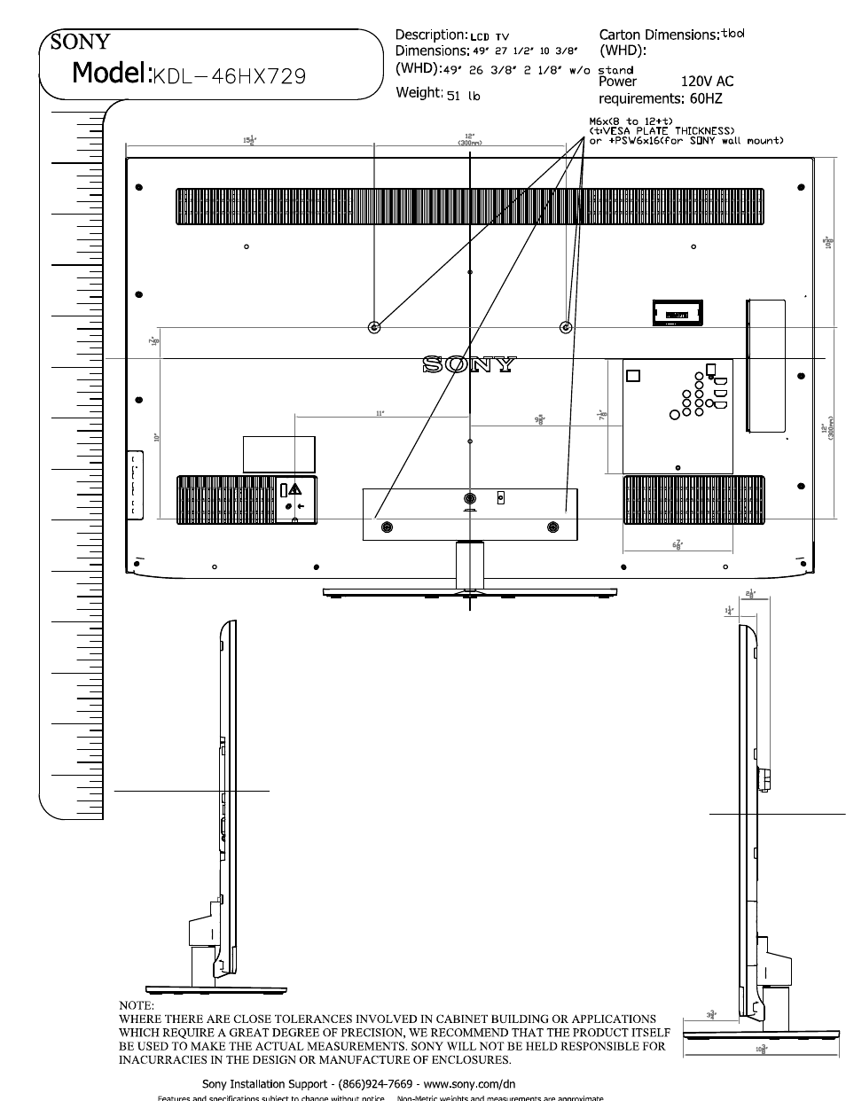 Sony, Power, Weight: 51 ib | Model | Sony KDL-46HX729 User Manual | Page 2 / 3