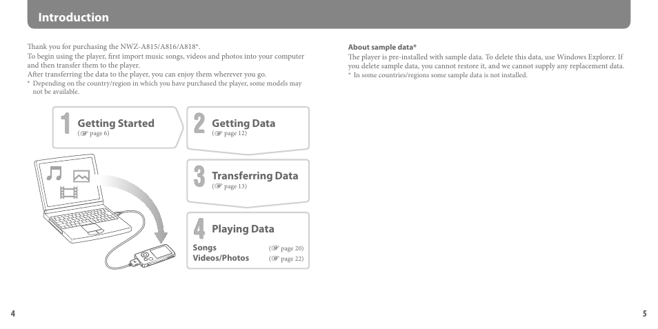 Introduction, Getting started, Transferring data | Getting data, Playing data | Sony NWZ-A816PNK User Manual | Page 3 / 16