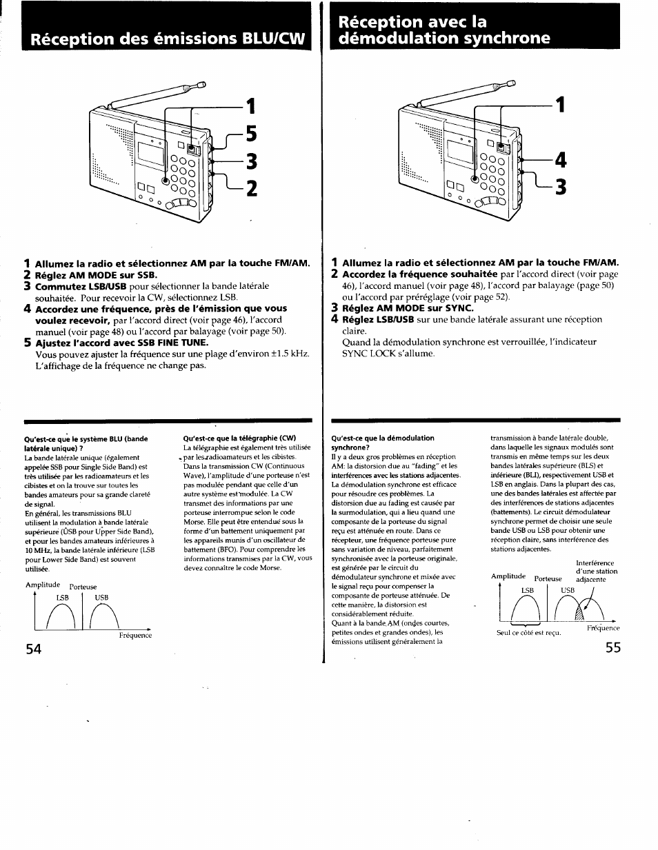 2 réglez am mode sur ssb, 5 ajustez l'accord avec ssb fine tune, Réception avec la démodulation synchrone | Réglez am mode sur sync, Réception des émissions blu/cw | Sony ICF-SW7600G User Manual | Page 28 / 80
