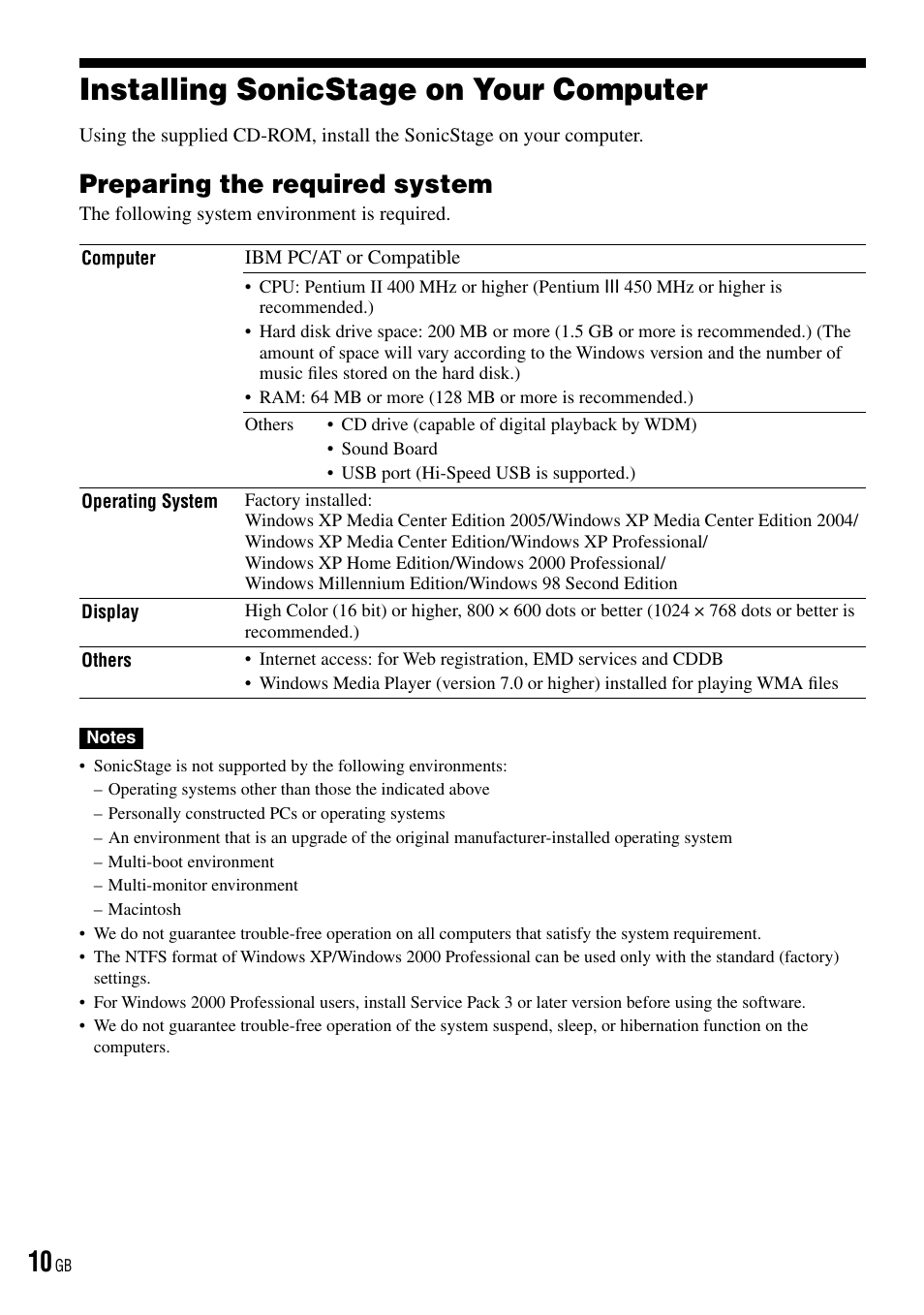 On your computer, Preparing the required system, Installing sonicstage on your computer | Sony NW-HD3 User Manual | Page 10 / 50