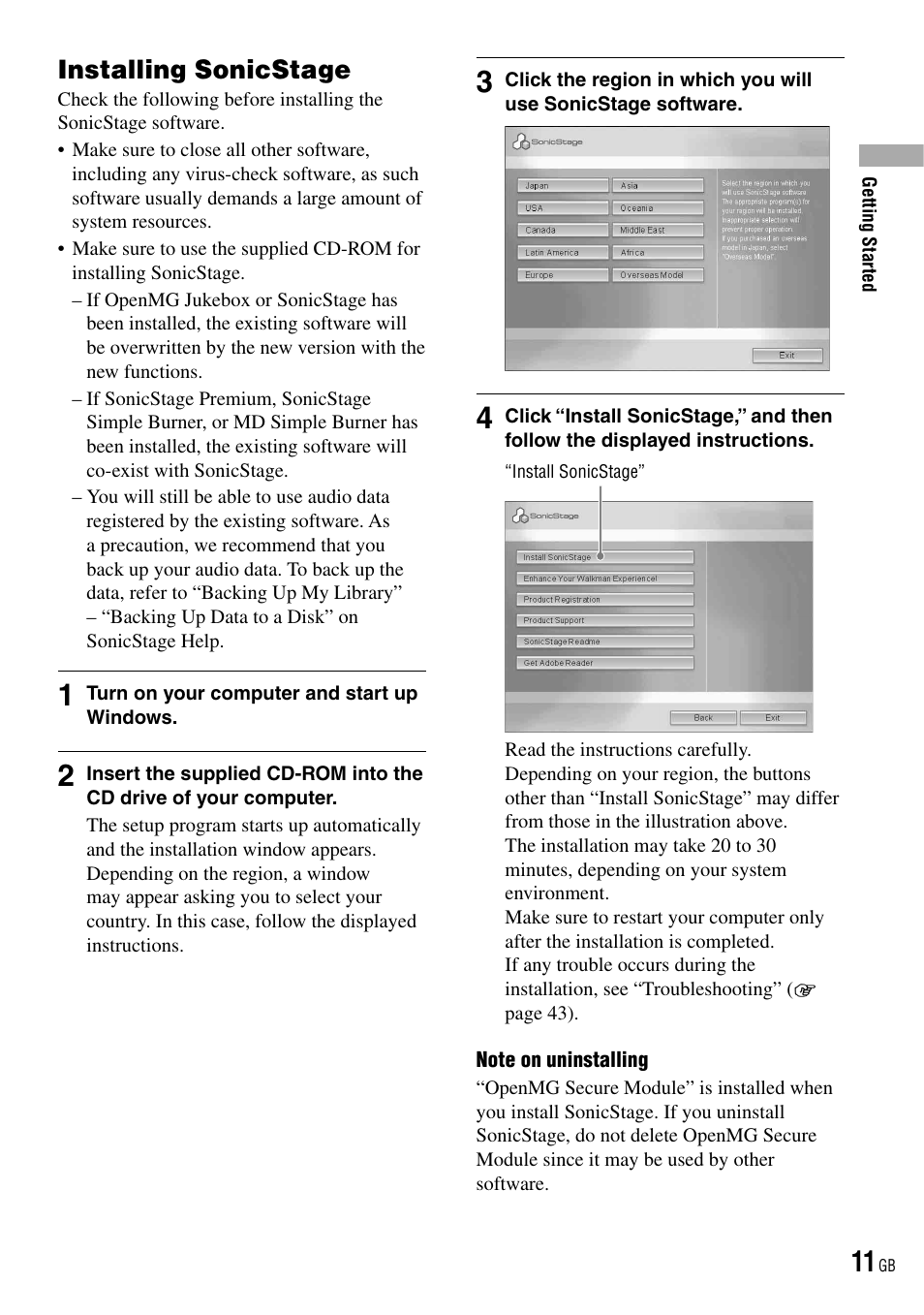 Installing sonicstage | Sony NW-HD3 User Manual | Page 11 / 50
