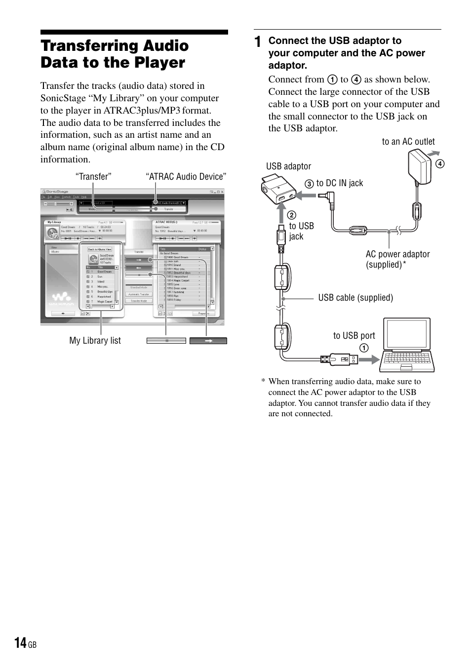Transferring audio data, To the player, Transferring audio data to the player | Sony NW-HD3 User Manual | Page 14 / 50