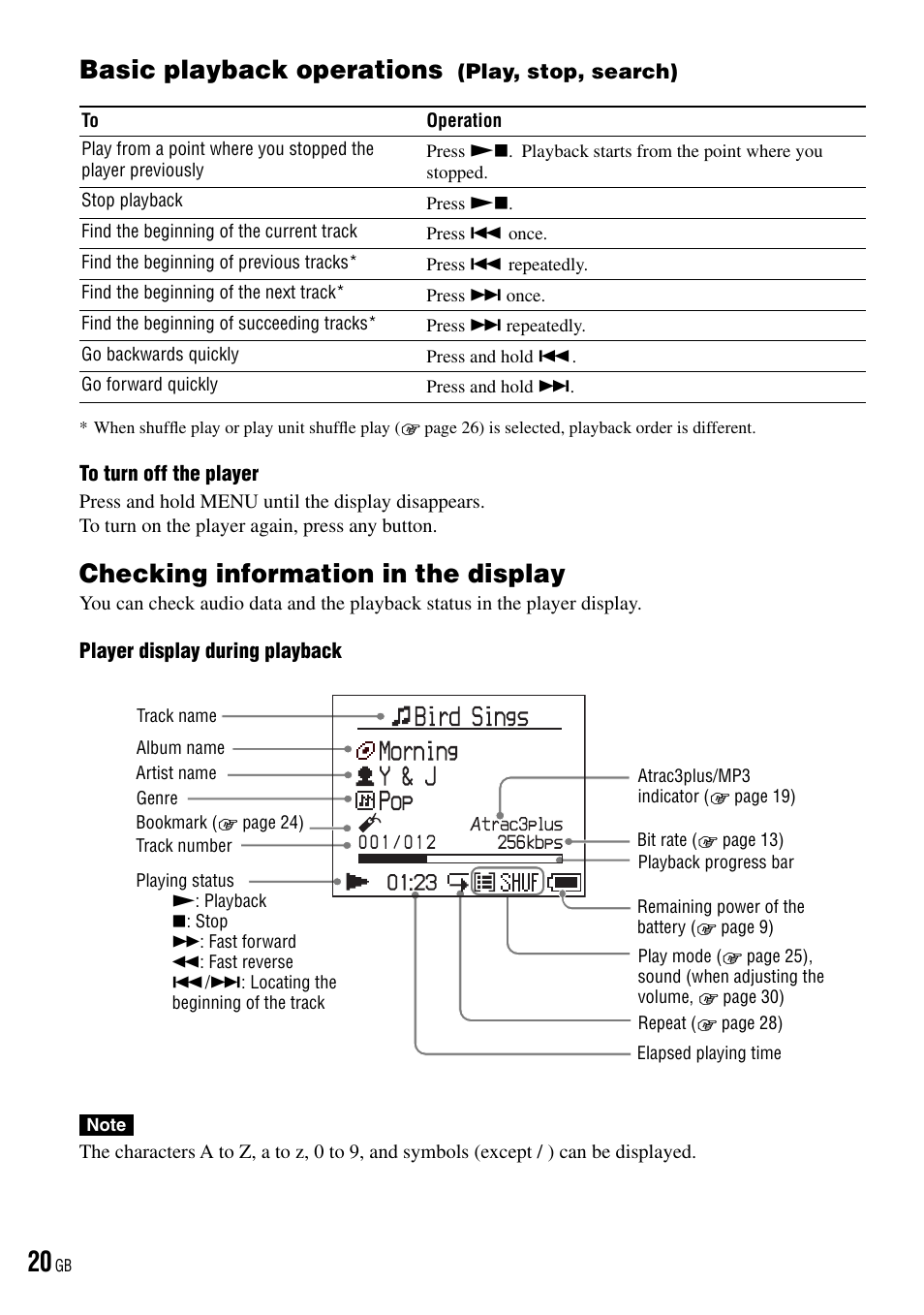 Basic playback operations, Play, stop, search), Checking information in the display | Uttons, Rack number indicator, Playback progress bar | Sony NW-HD3 User Manual | Page 20 / 50