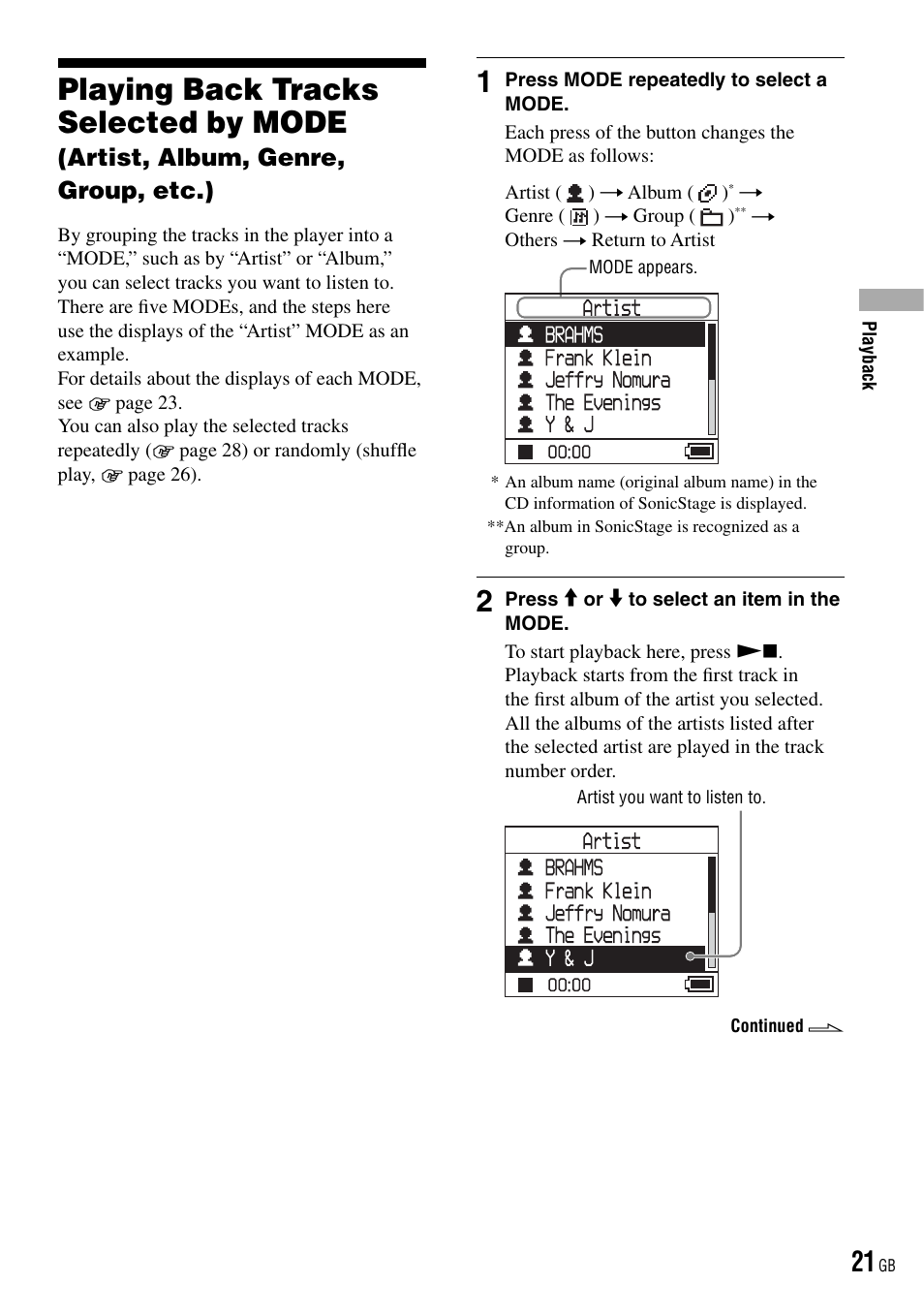 Playing back tracks selected by mode, Artist, album, genre, group, etc.) | Sony NW-HD3 User Manual | Page 21 / 50