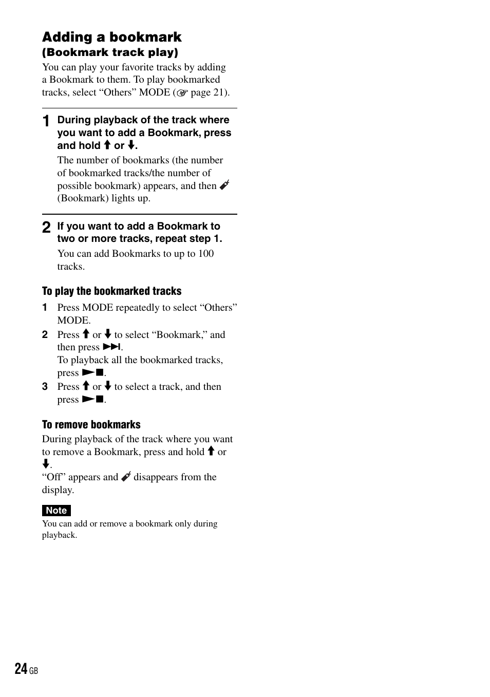 Adding a bookmark, Bookmark track play) | Sony NW-HD3 User Manual | Page 24 / 50