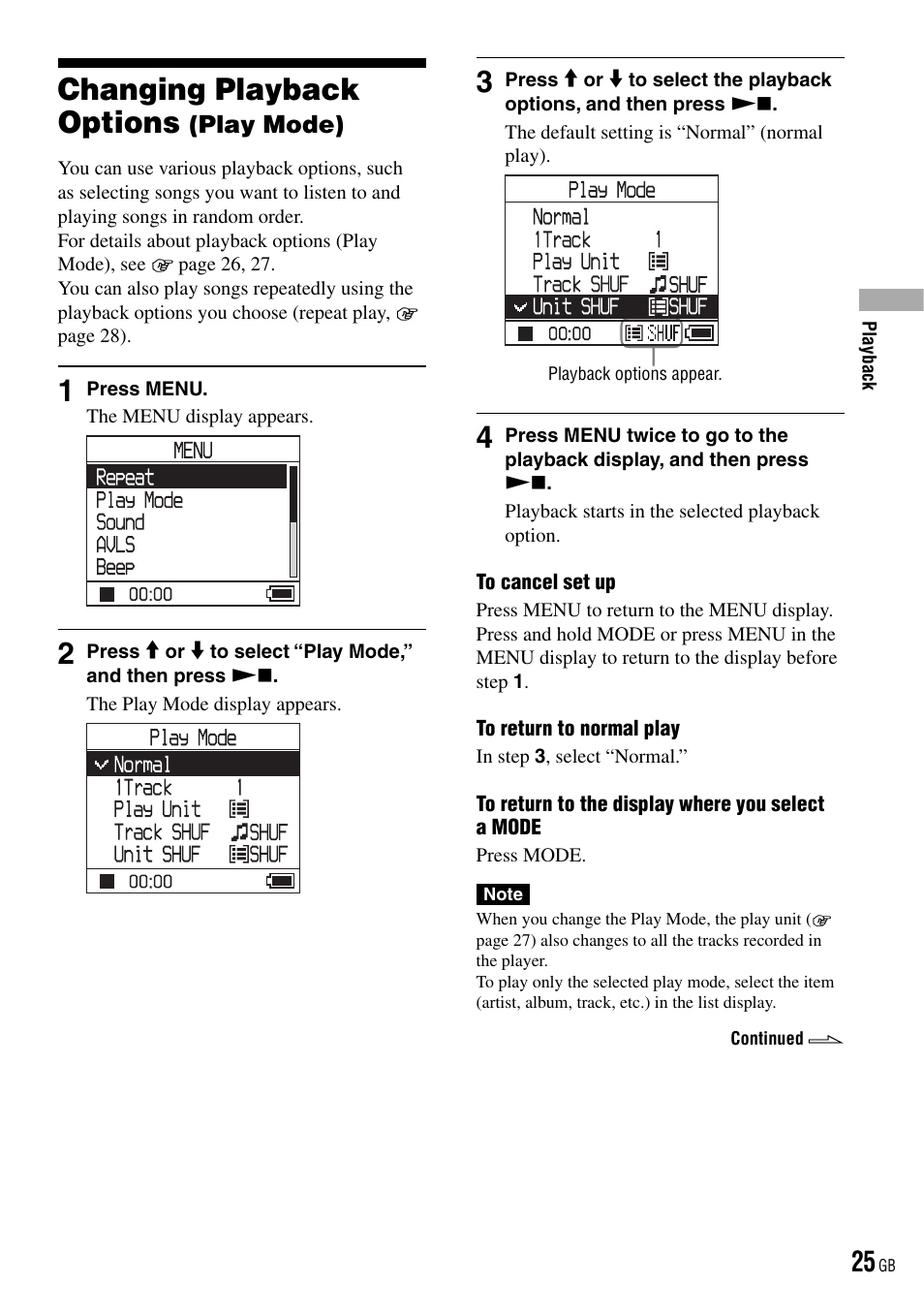 Changing playback options, Play mode) | Sony NW-HD3 User Manual | Page 25 / 50