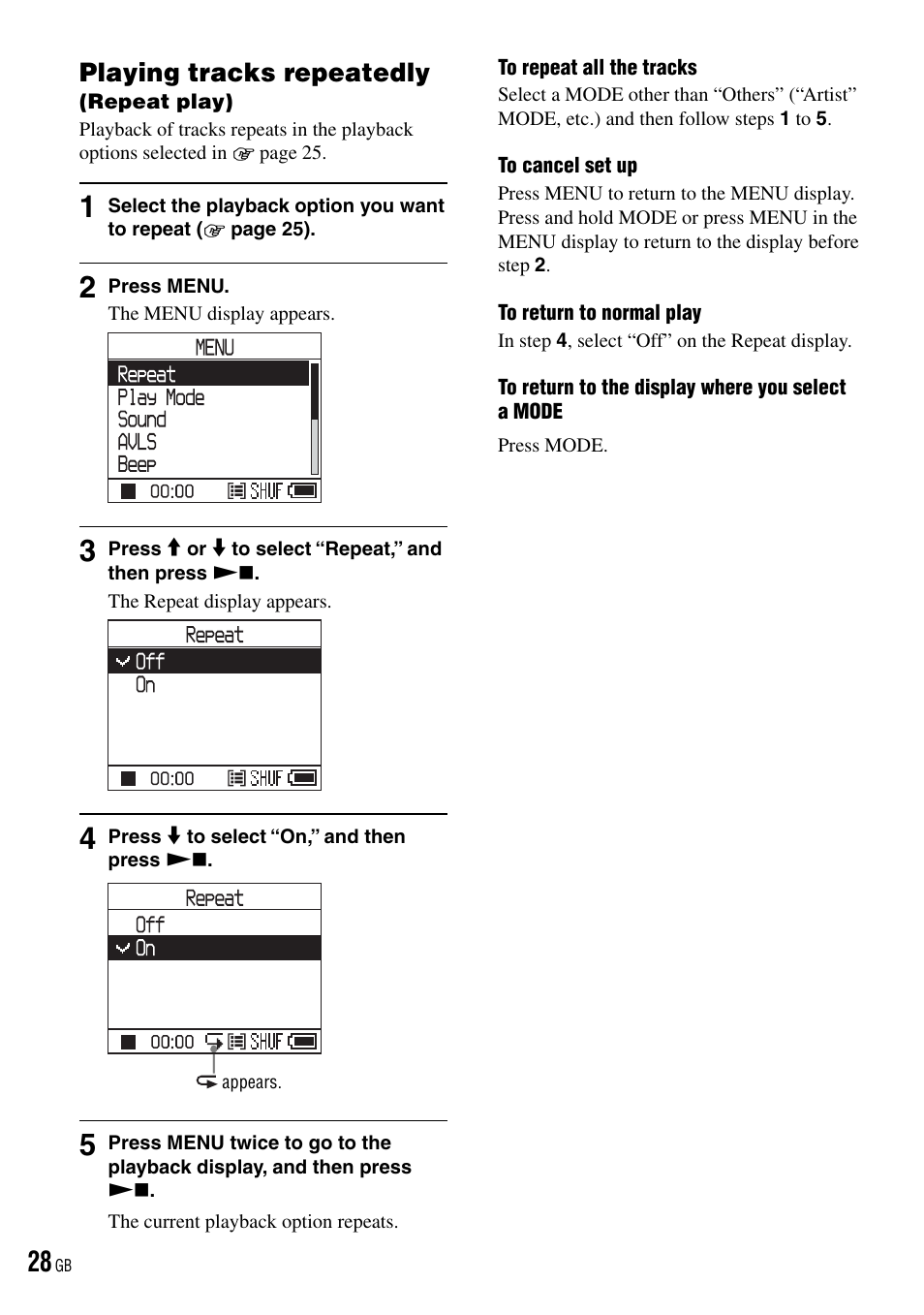 Repeat indicator, Repeatedly, Playing tracks repeatedly | Sony NW-HD3 User Manual | Page 28 / 50