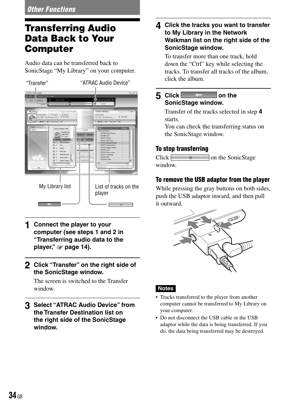 Other functions, Transferring audio data back, To your computer | Transferring audio data back to your computer | Sony NW-HD3 User Manual | Page 34 / 50