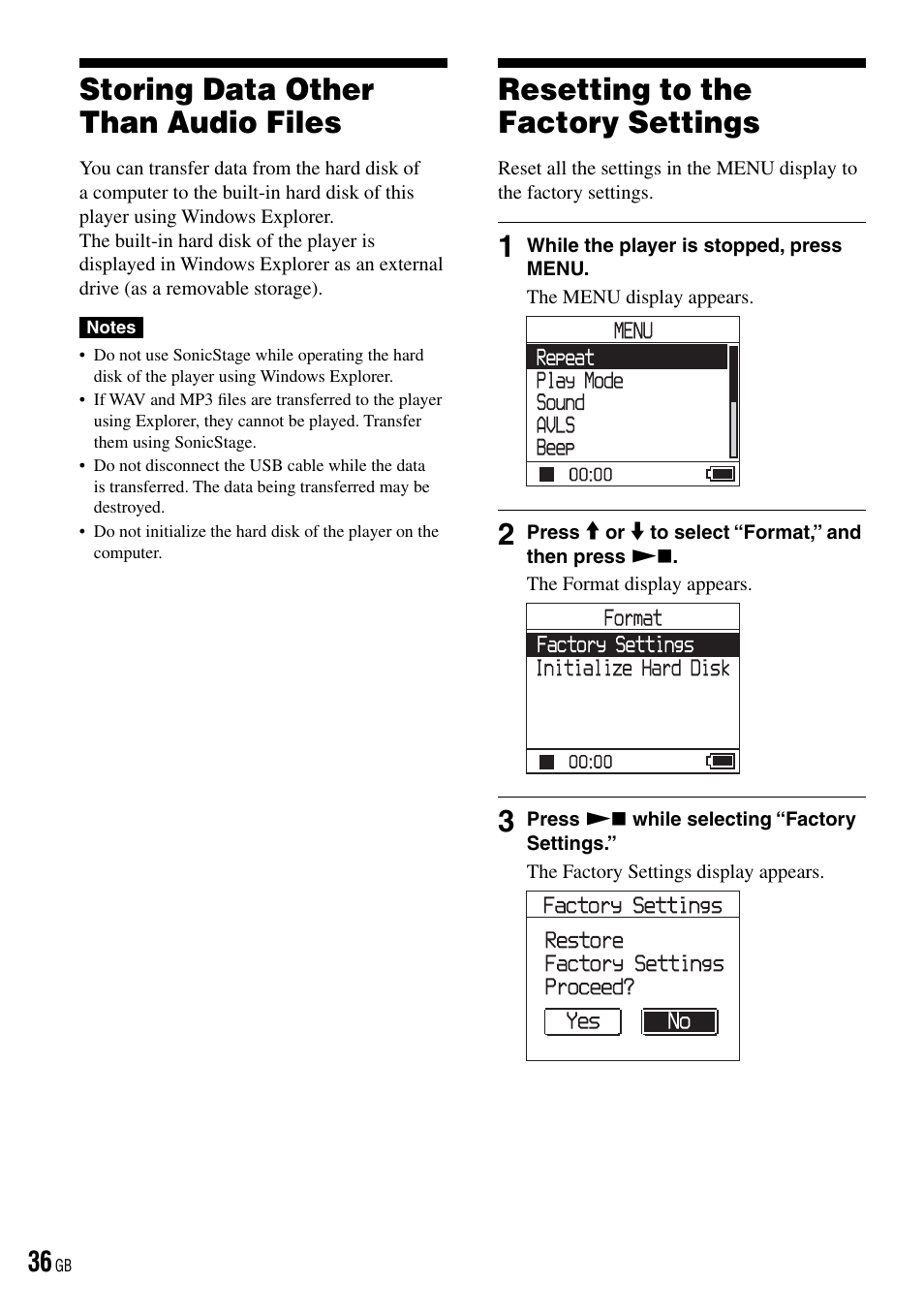 Storing data other than audio files, Resetting to the factory settings | Sony NW-HD3 User Manual | Page 36 / 50