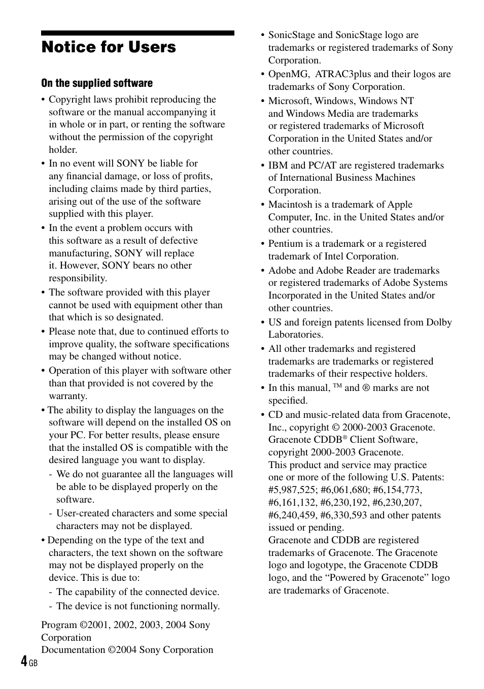 Notice for users | Sony NW-HD3 User Manual | Page 4 / 50