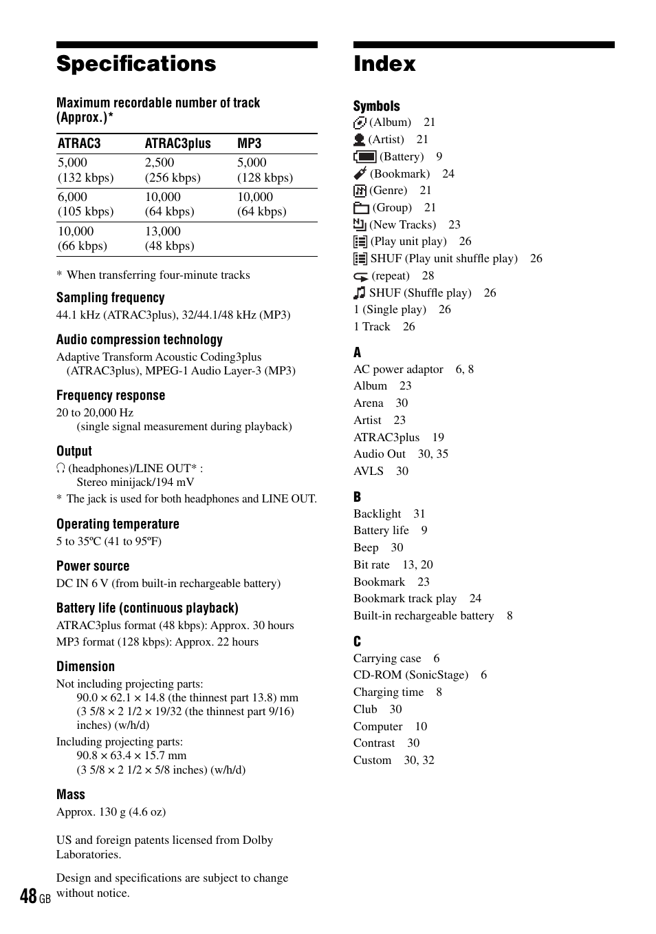 Specifi cations, Index | Sony NW-HD3 User Manual | Page 48 / 50