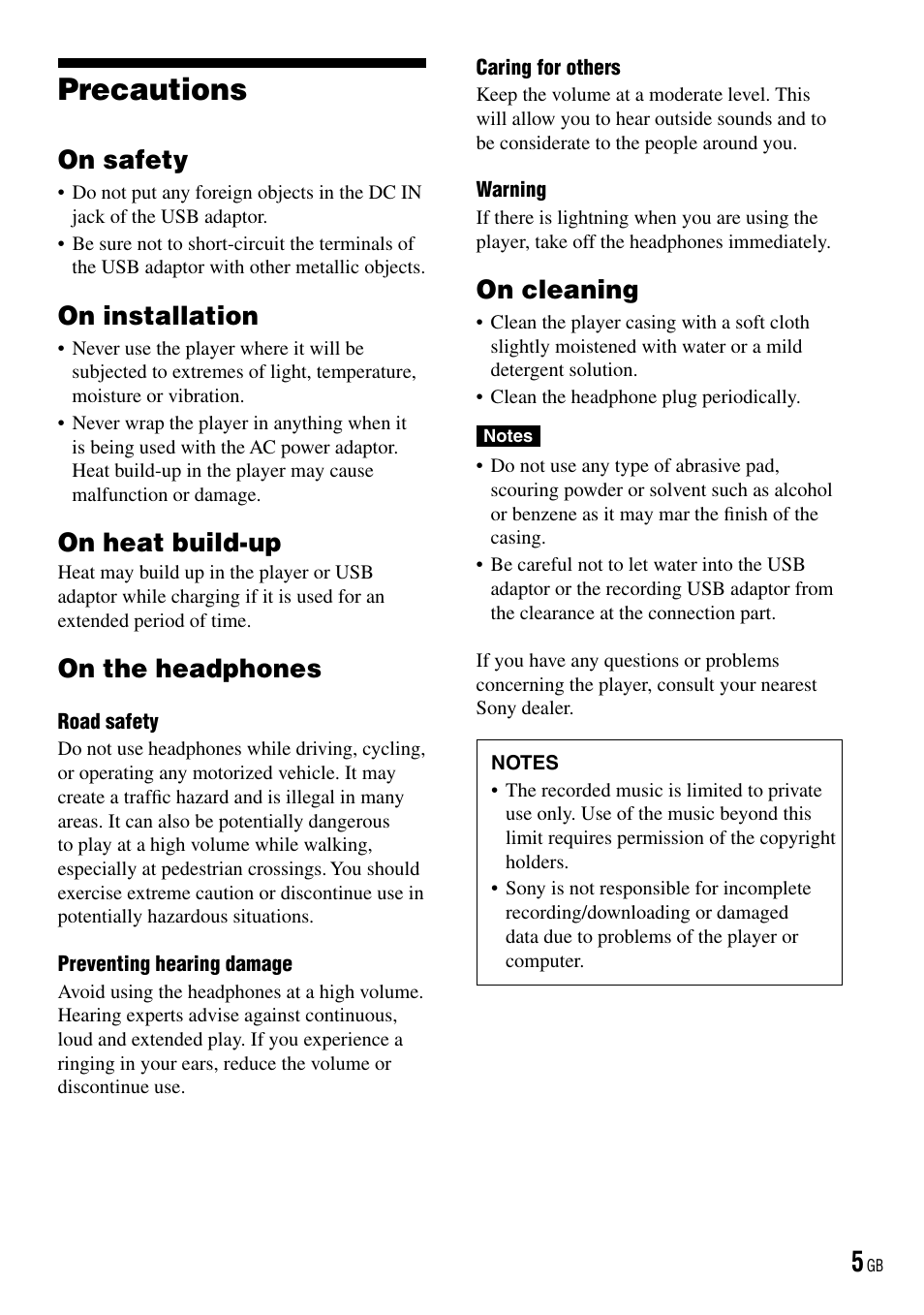 Precautions, On safety, On installation | On heat build-up, On the headphones, On cleaning | Sony NW-HD3 User Manual | Page 5 / 50