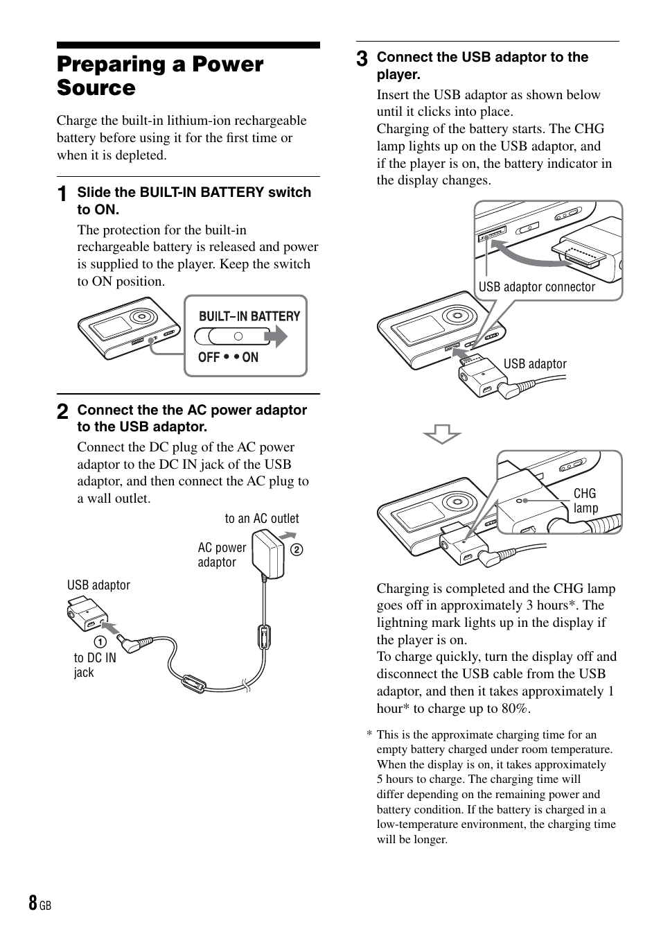 Y switch, Preparing a power source | Sony NW-HD3 User Manual | Page 8 / 50