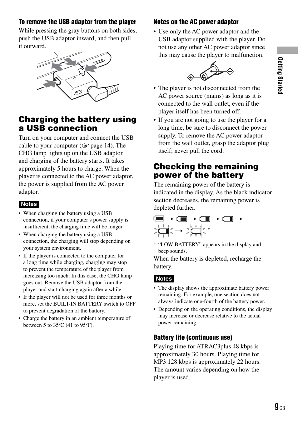 Checking the remaining power of the, Installing sonicstage, Battery indicator | Charging the battery using a usb connection, Checking the remaining power of the battery | Sony NW-HD3 User Manual | Page 9 / 50