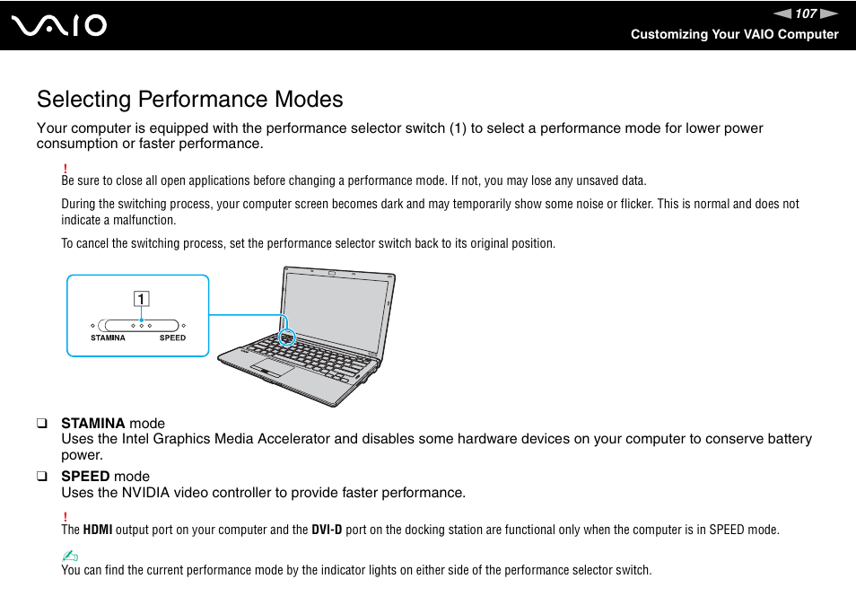 Selecting performance modes | Sony VGN-Z690N User Manual | Page 107 / 222