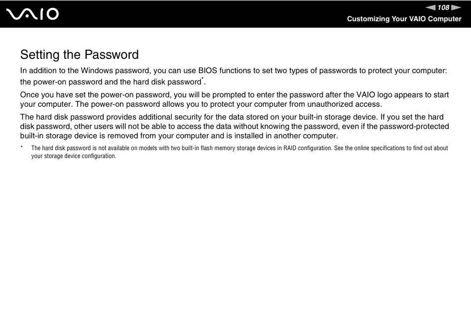Setting the password | Sony VGN-Z690N User Manual | Page 108 / 222
