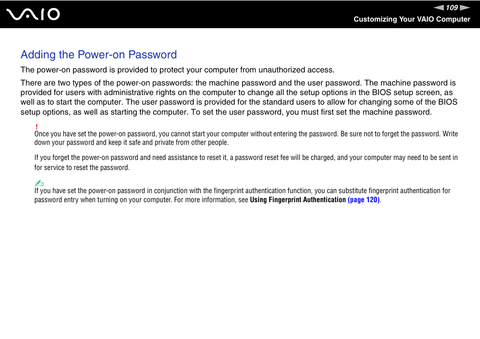 Adding the power-on password | Sony VGN-Z690N User Manual | Page 109 / 222