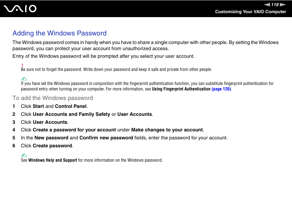 Adding the windows password | Sony VGN-Z690N User Manual | Page 118 / 222