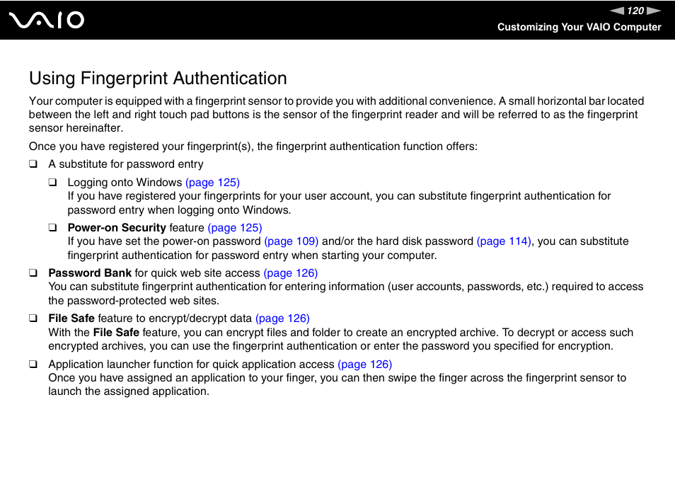Using fingerprint authentication | Sony VGN-Z690N User Manual | Page 120 / 222