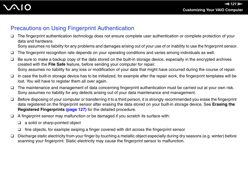 Precautions on using fingerprint authentication | Sony VGN-Z690N User Manual | Page 121 / 222