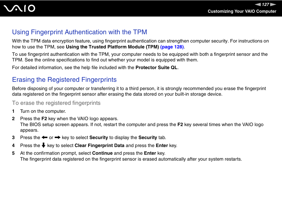 Using fingerprint authentication with the tpm, Erasing the registered fingerprints | Sony VGN-Z690N User Manual | Page 127 / 222