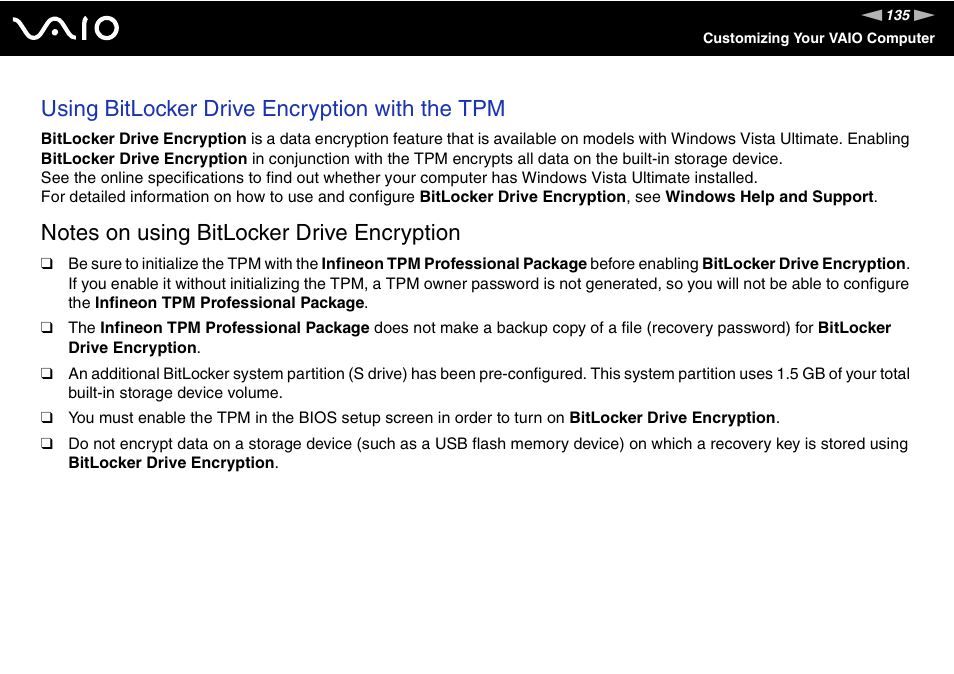 Using bitlocker drive encryption with the tpm | Sony VGN-Z690N User Manual | Page 135 / 222