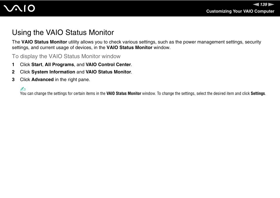 Using the vaio status monitor | Sony VGN-Z690N User Manual | Page 139 / 222