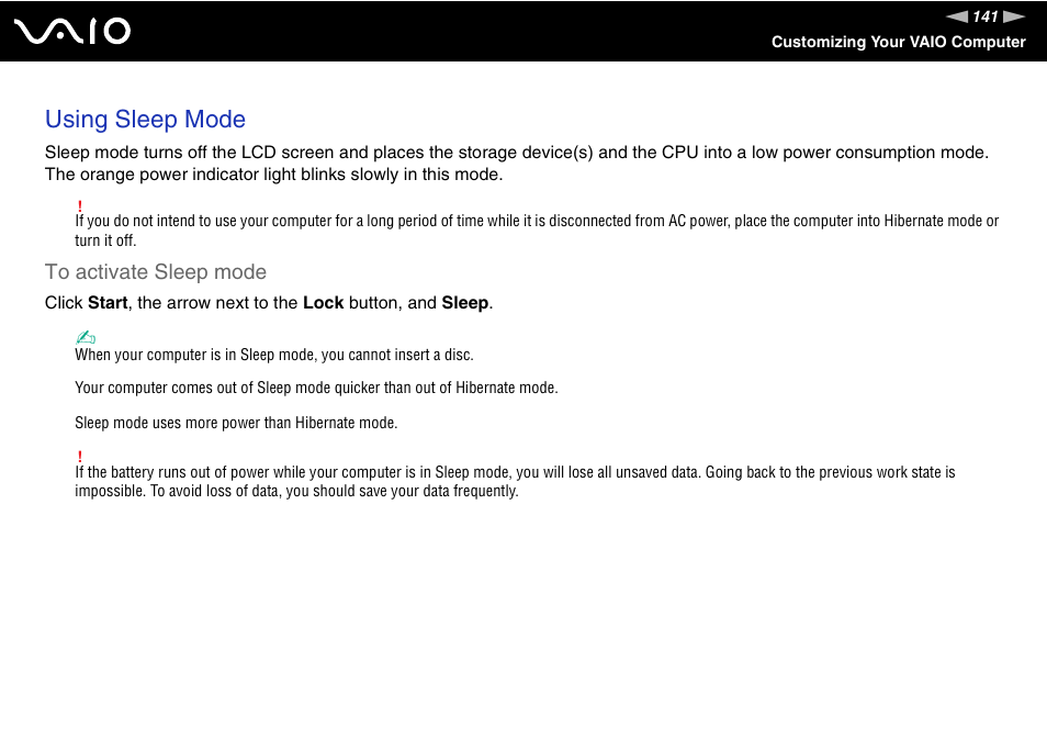 Using sleep mode | Sony VGN-Z690N User Manual | Page 141 / 222