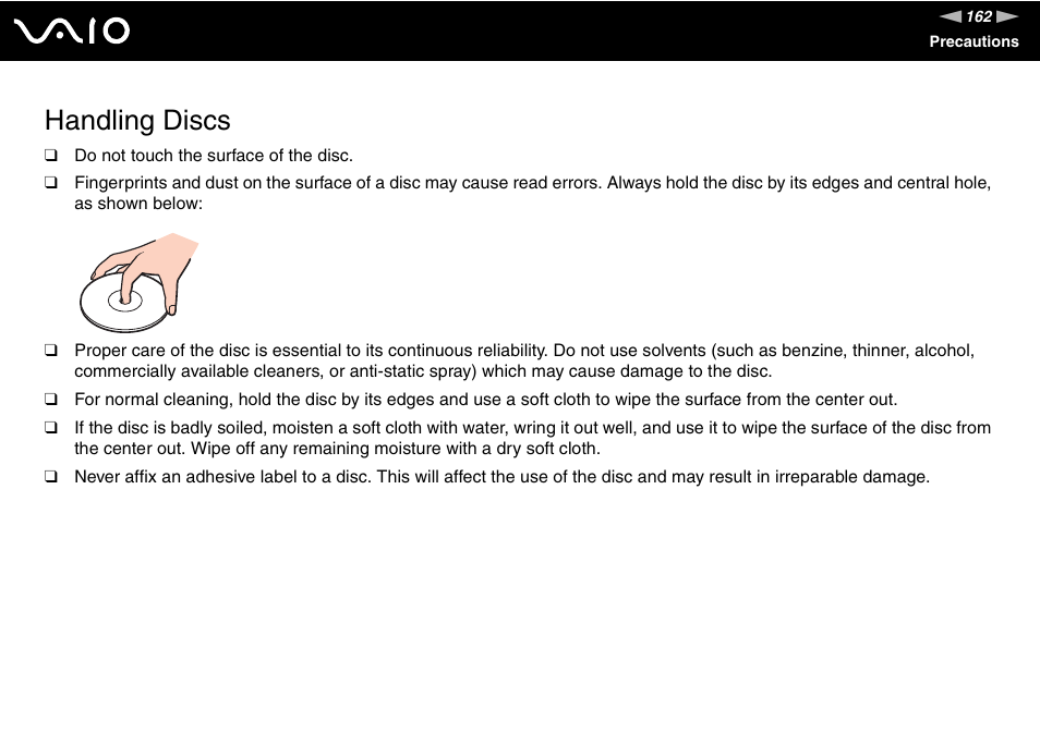 Handling discs | Sony VGN-Z690N User Manual | Page 162 / 222