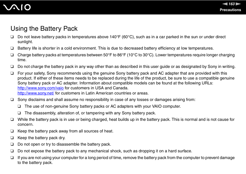 Using the battery pack | Sony VGN-Z690N User Manual | Page 163 / 222