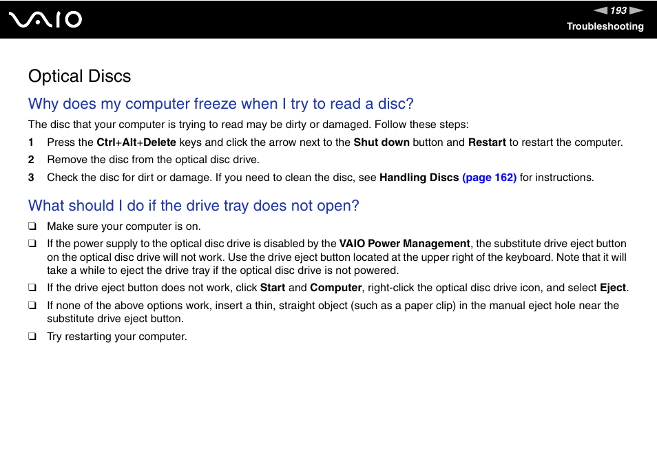 Optical discs, What should i do if the drive tray does not open | Sony VGN-Z690N User Manual | Page 193 / 222