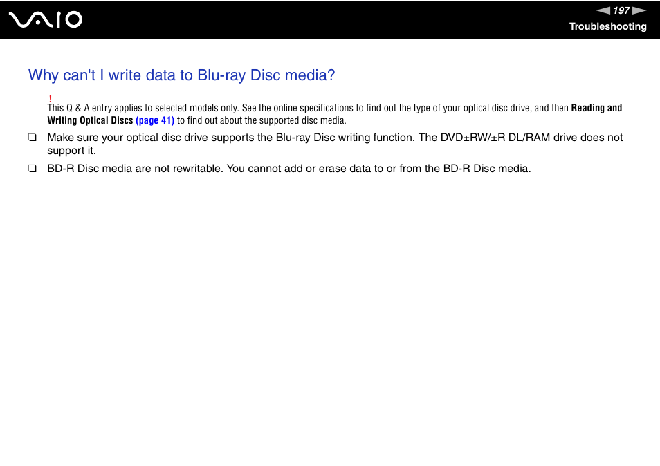 Why can't i write data to blu-ray disc media | Sony VGN-Z690N User Manual | Page 197 / 222