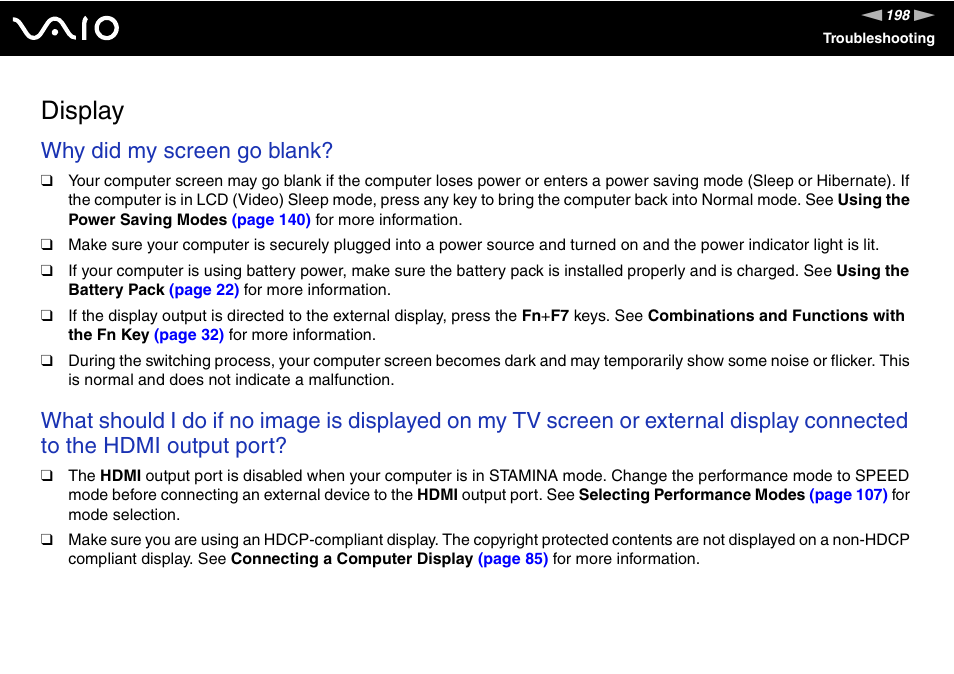 Display, Why did my screen go blank | Sony VGN-Z690N User Manual | Page 198 / 222