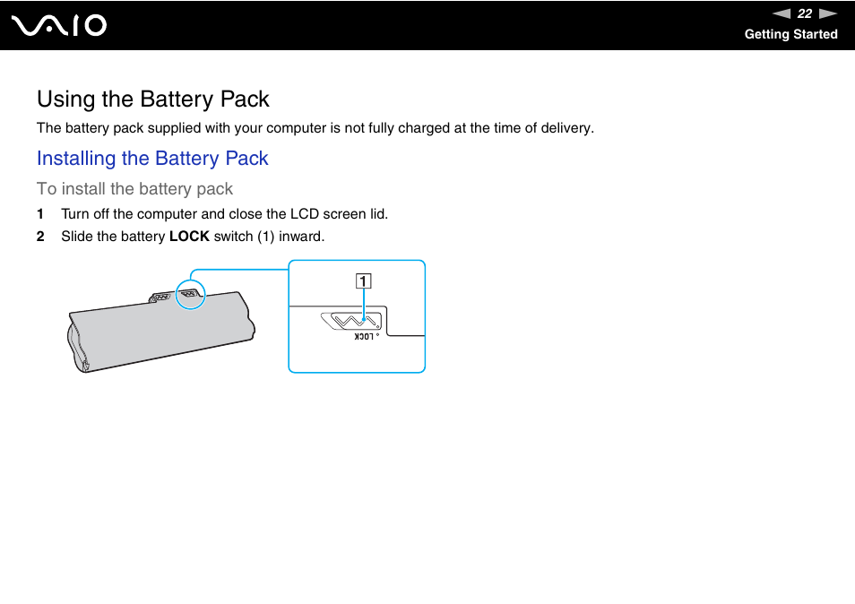 Using the battery pack, Installing the battery pack | Sony VGN-Z690N User Manual | Page 22 / 222
