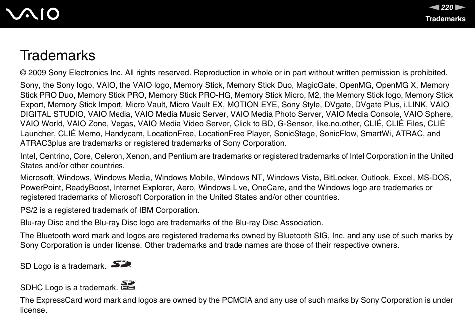 Trademarks | Sony VGN-Z690N User Manual | Page 220 / 222
