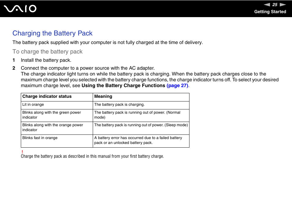Charging the battery pack | Sony VGN-Z690N User Manual | Page 25 / 222