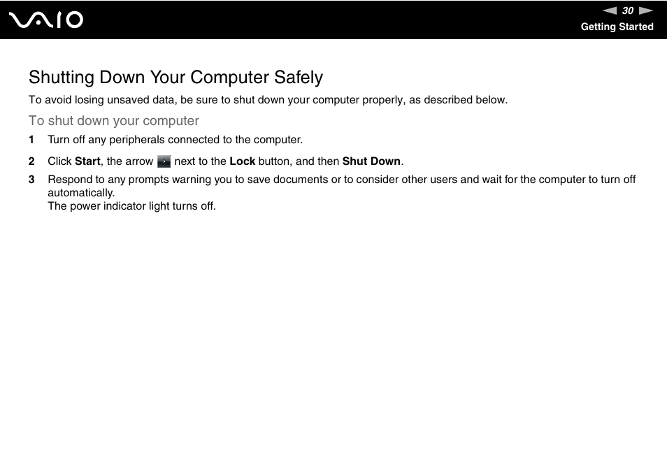 Shutting down your computer safely | Sony VGN-Z690N User Manual | Page 30 / 222