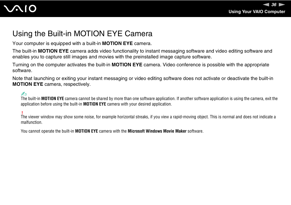 Using the built-in motion eye camera | Sony VGN-Z690N User Manual | Page 36 / 222